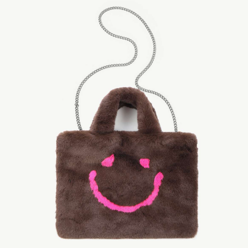 Felltasche mit Smiley - Dunkelbraun/Pink