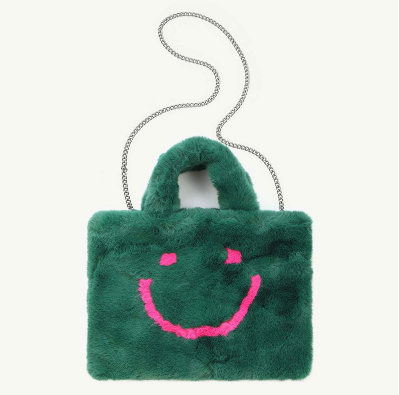 Felltasche mit Smiley - Dunkelgrün/Pink